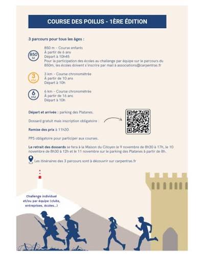 Verso de l’affiche de la Course des Poilus : parcours, âges et modalités de participation. Pour le retrait des dossards, consulter les horaires actualisés sur le site de la ville.